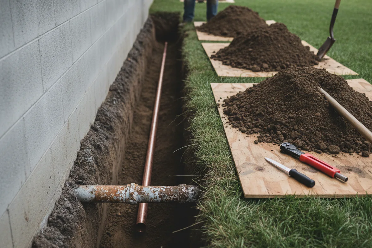 Excavated water line trench during Water Softener Installation in Woodside